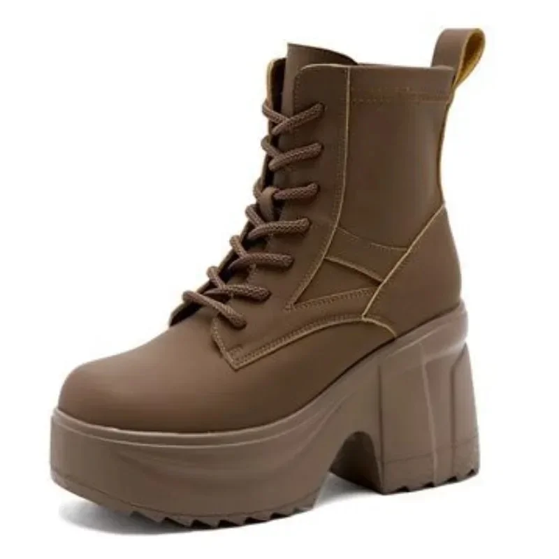 Botas de cunha de sola grossa para mulheres, tornozelo sintético, saltos grossas, sapatos de motocicleta, outono, primavera, 10cm