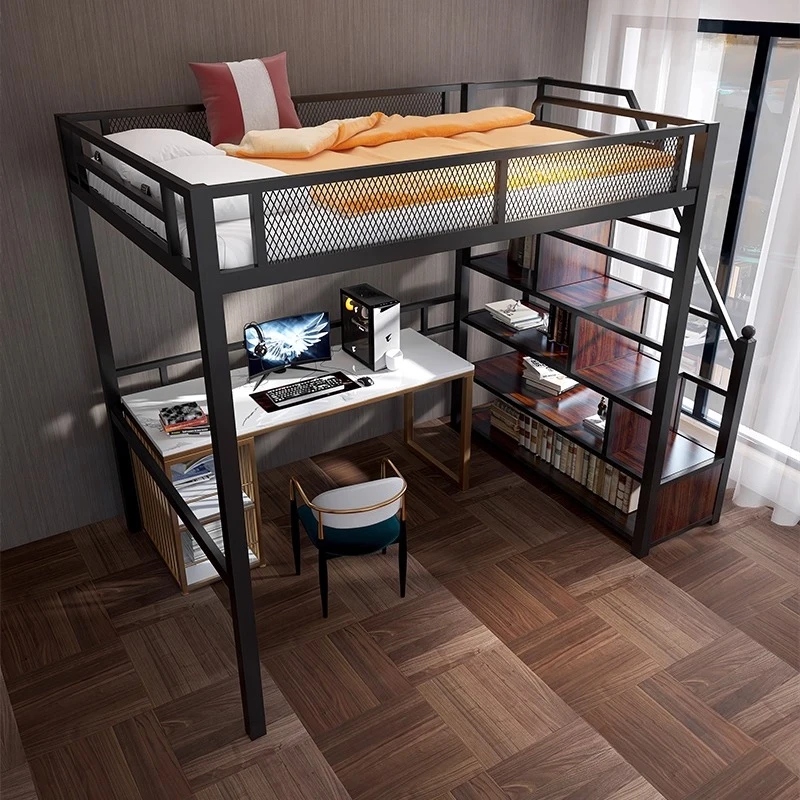 Loft bed, wrought iron bed, simple modern raised , space-saving upper , lower table, small apartment multifunctional child