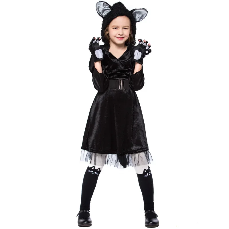 Umorden Cat Noir Kitty Costume for Girls Kids Children Hooded Dress With Gloves Halloween Purim Fancy Dress