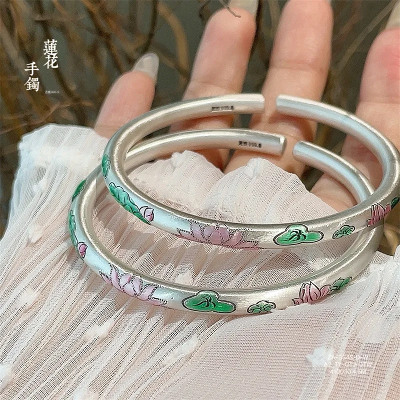 

999.9 Old Enamel Leaf Round Bar Open Silver Bracelet