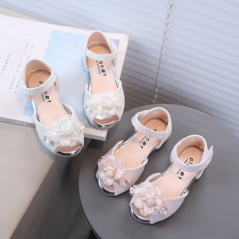 

Girls Sandals Peep Toes Sweet Flowers Kids Beach Shoes for Party Wedding 2026 Summer New Children Princess Shoes Soft Bottom