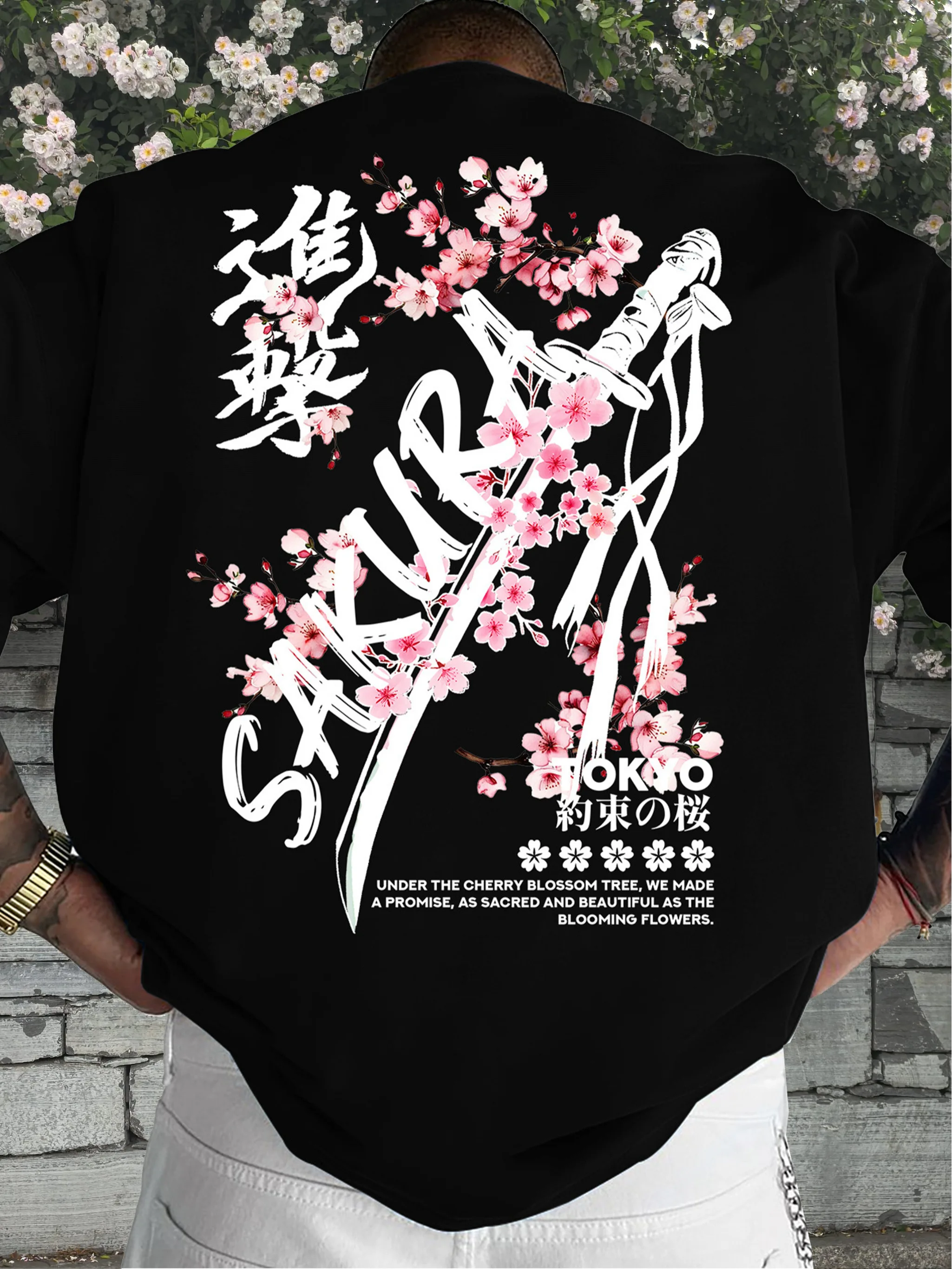 Herren 100% Baumwolle Kirschblüten-Samurai-Schwert-Muster T-Shirt Sommer Lässiger Japanischer Street-Style Kurzarm-T-Shirt – Detail 4
