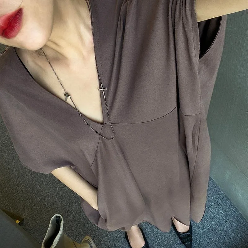 Lâche coréenne Sle grande taille femme Dr v-ne chauve-souris Sve longue été minceur ort Sve Midi t-shirt Dr