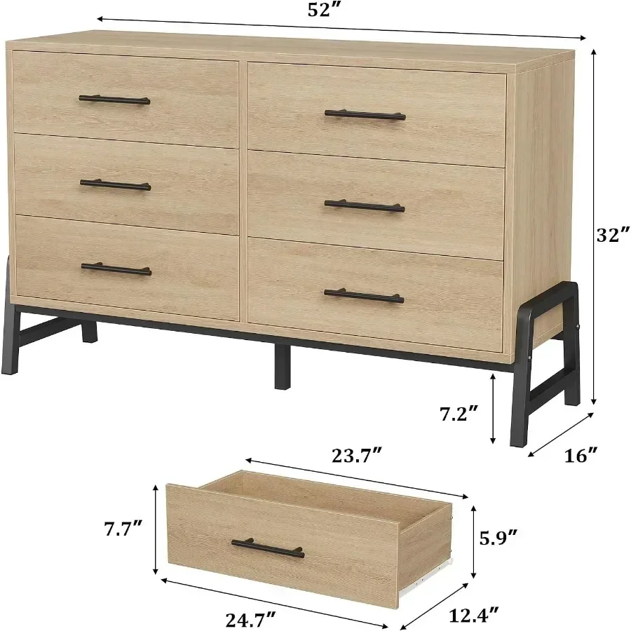 6 Dresser for Bedroom, 52 in Wide Drawer with Large Storage Space, Freestanding Wooden Closet Storage Dresser Chest for Living