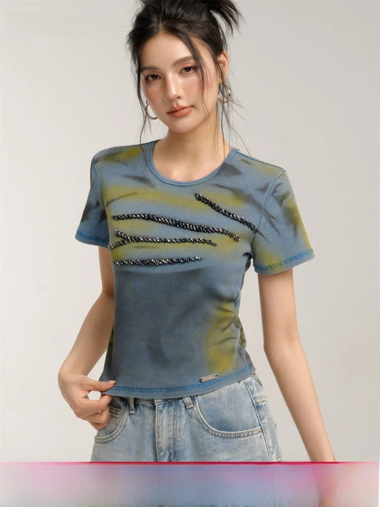 

Chill Zoe2025 Новая летняя женская футболка с коротким рукавом, облегающая, с бисером, градиентная, с круглым вырезом, из хлопка, влагоотводящая