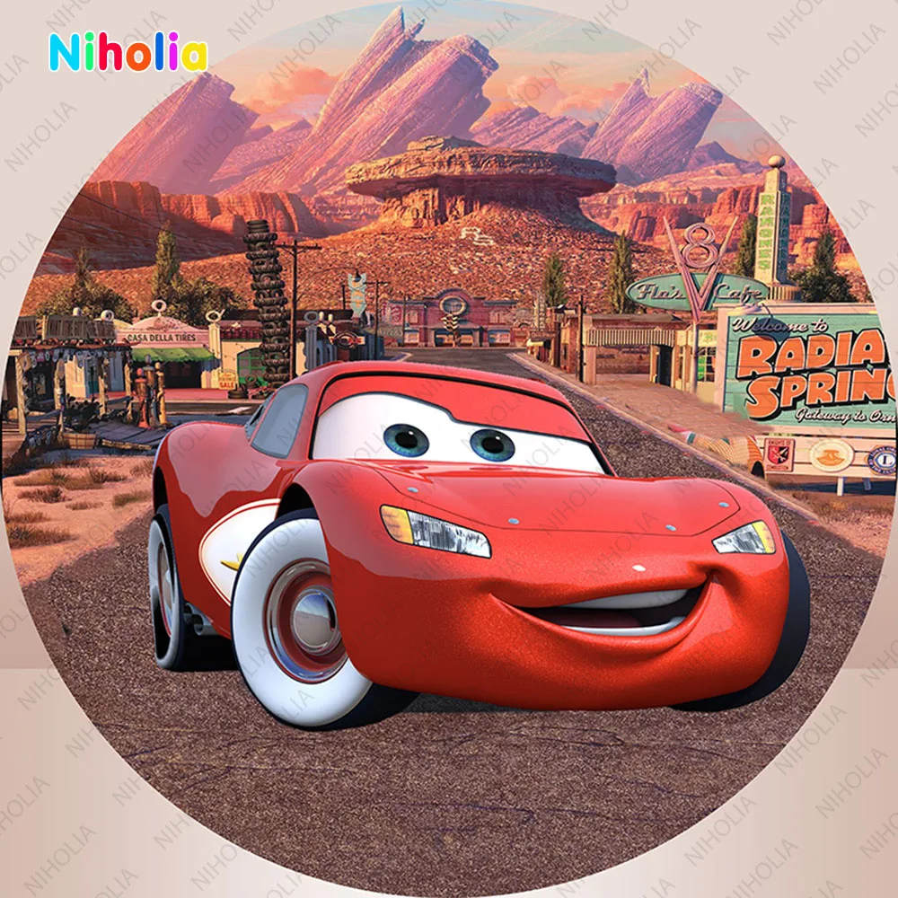 Disney Cars Lightning McQueen Circle Photography Background For Racing Car Boy's Birthday Round Backdrop Elastic Cylinder Cover