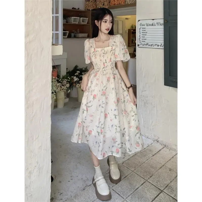 

Elegant Floral Print Midi Dress Women's Summer Slimming A-Line Skirt Square Collar Short Sleeve High Waist French Style Dress