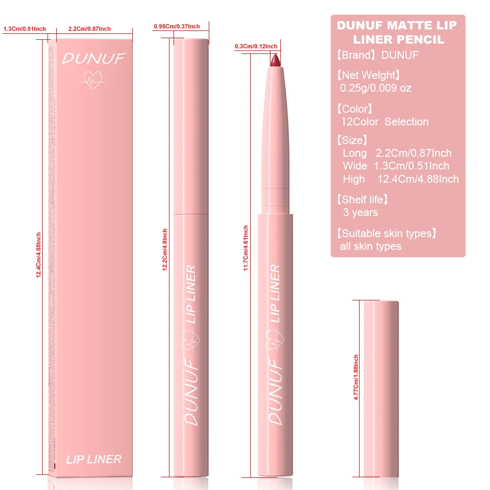 DUNUF 12 สีง่ายต่อการสี Velvet Matte Lip Liner กันน้ําและยาวนาน Non-Stick CUP Non-removal ลิปสติก Lip Liner
