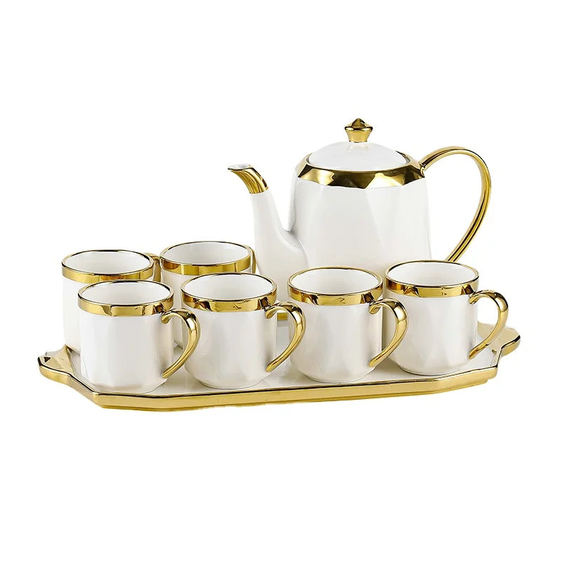 Gold cover color ceramic coffee pot 6-piece set ceramic cup and saucer luxury gift set tea coffee pot