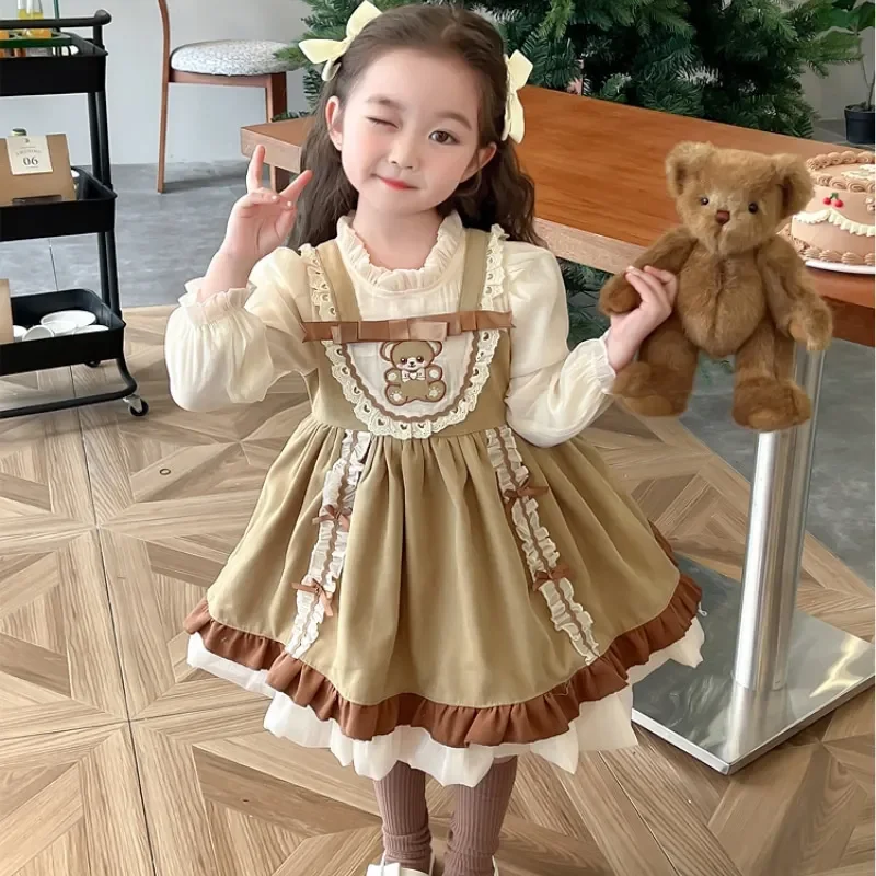 

Baby Girl Lace Lolita Princess Dress Spring Toddler Child Cartoon Bear Vintage Elegant Bow Tutu Party Baby Clothes 1-10Y