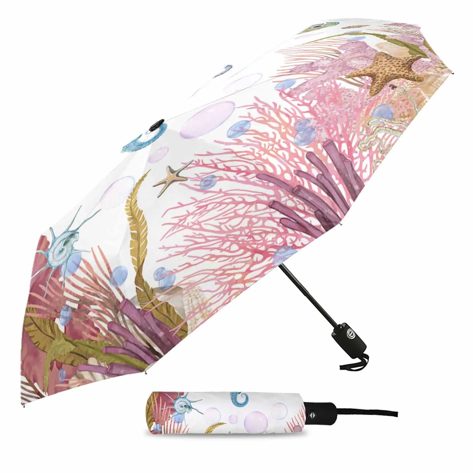 Sea Life Seahorse Coral Summer Automatic Umbrella Travel Folding Umbrella Portable Parasol Windproof Umbrellas