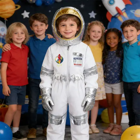 Astronaut Costume Silver Space Jumpsuit with Helmet Gloves Perfect for Halloween Cosplay Space Theme Party Role Play Dress Up