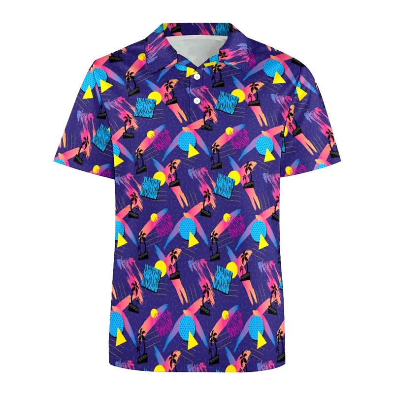 Hot Sale 3d Printing 80s 90s Golf Polo Shirt Summer Retro Lapel Shirt Street Loose Short Sleeve Tops Men's Button Tee Shirts