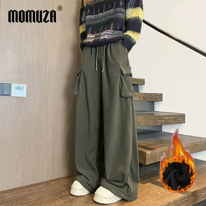 

Winter Fleece Men's Cargo Pants Fashion Multi Pockets Handsome Baggy Sweatpants Polar Fleece Wide Leg Trousers Male Clothing