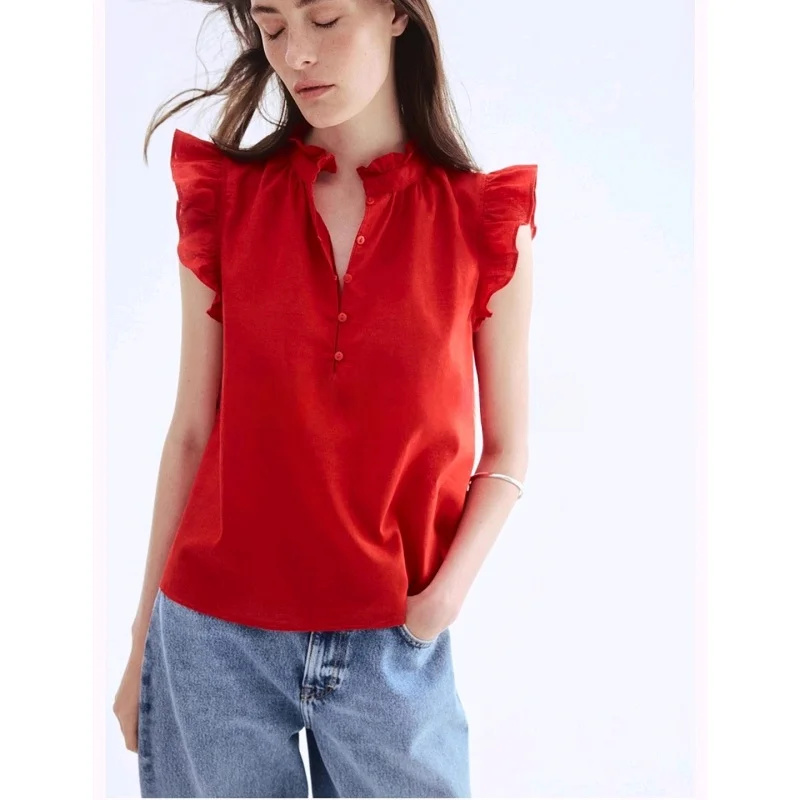 夏のカジュアルなゆったりとしたファッション、またはスリムなブラウス、レディース、スタンドカラー、混合繊維、ギャザーデザイントップ