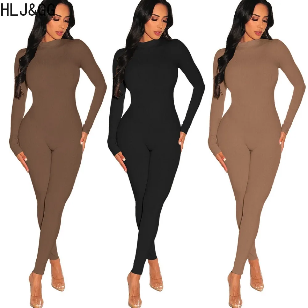 

HLJ&GG Casual Solid Ribber Bodycon Jumpsuits Women Round Neck Long Sleeve Skinny Pants Playsuit Spring New Female Sporty Overall