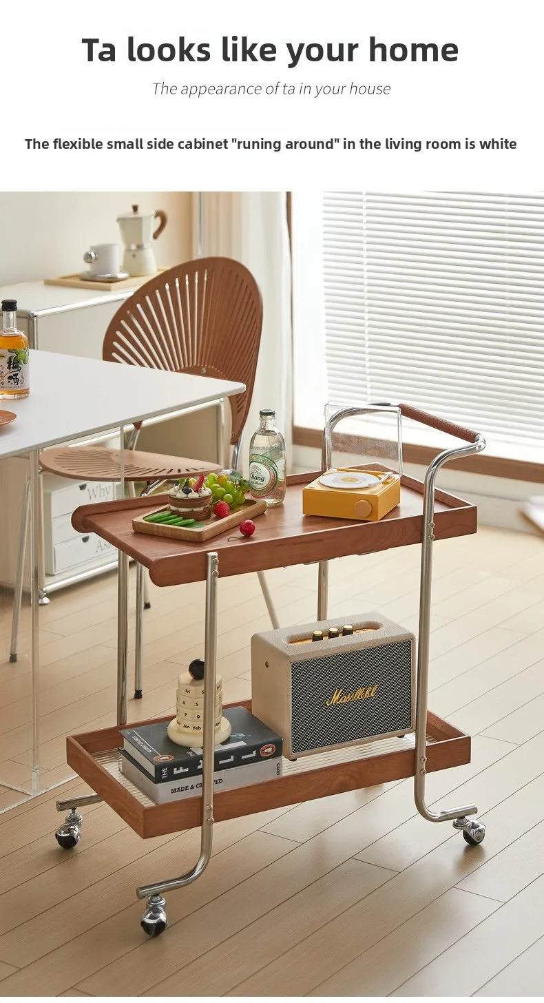 Solid wood movable sofa side table, Japanese-style trolley small apartment, bedside storage ins mini coffee table