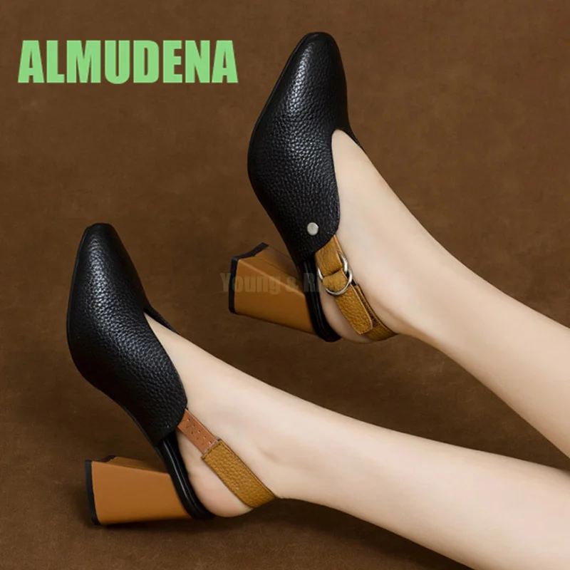 Baotou High Heels New Green Sandals Women's Summer Retro Thick Heels Soft Leather Back Empty Single Shoes Real Leather Shoes