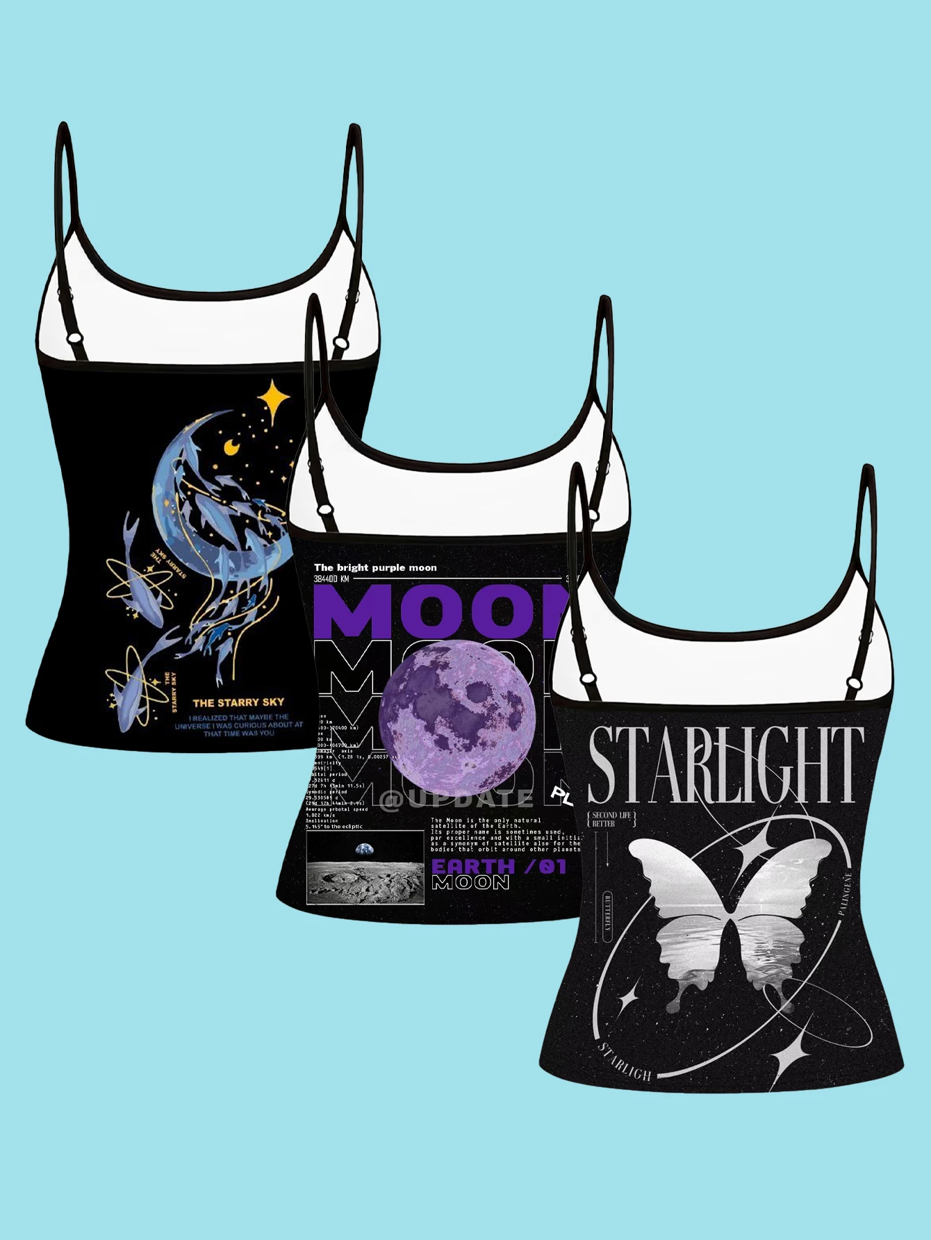 3-Piece Set of Trendy Cosmic Starry Sky Print Camisole Tops for Women, Summer Slim-Fit Spaghetti Strap Personalized Inner Wear
