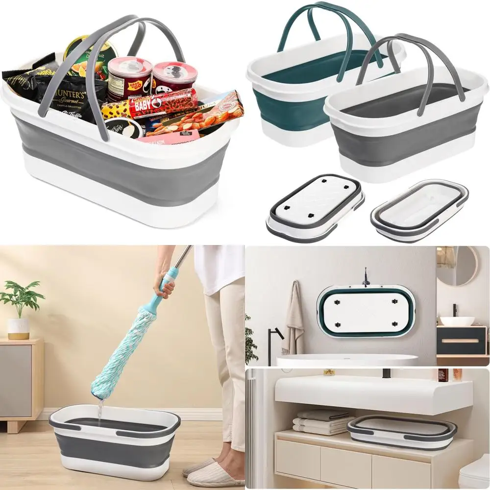 

Portable 12L Collapsible Mop Bucket with Wheels for Cleaning, Car Wash, Fishing, Camping - Gray & Blue