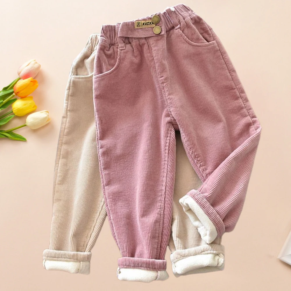 

Autumn Winter Baby Girl Corduroy Pants 2024 Retro Casual Solid Trousers Thicken Warm Outdoor Wear Children's Pants 2 3 5 6 Years