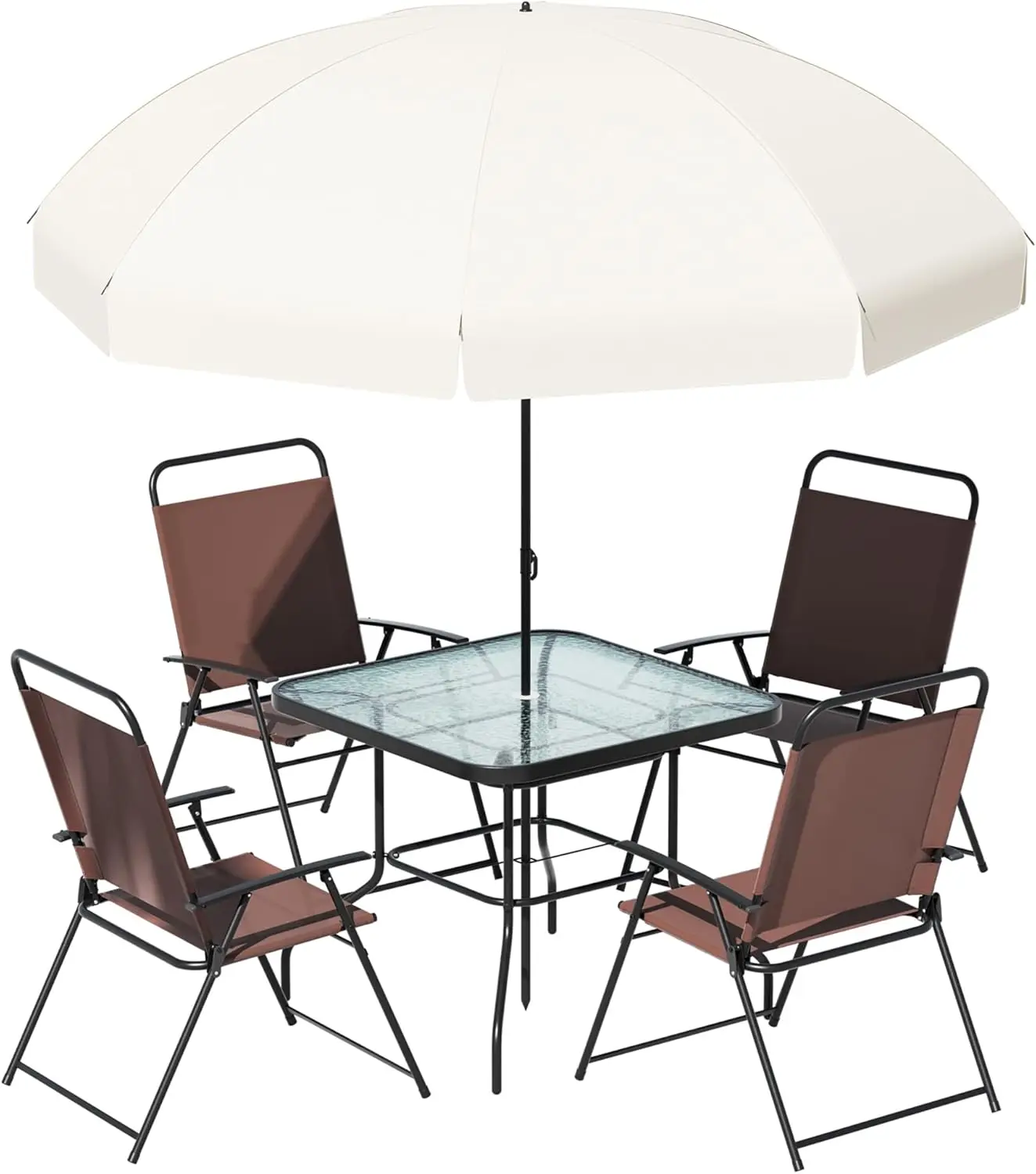 Patio Dining Set for 4, Outdoor Table and Chairs with Umbrella, 4 Folding Dining Chairs & Glass Table for Lawn, Deck, Garden