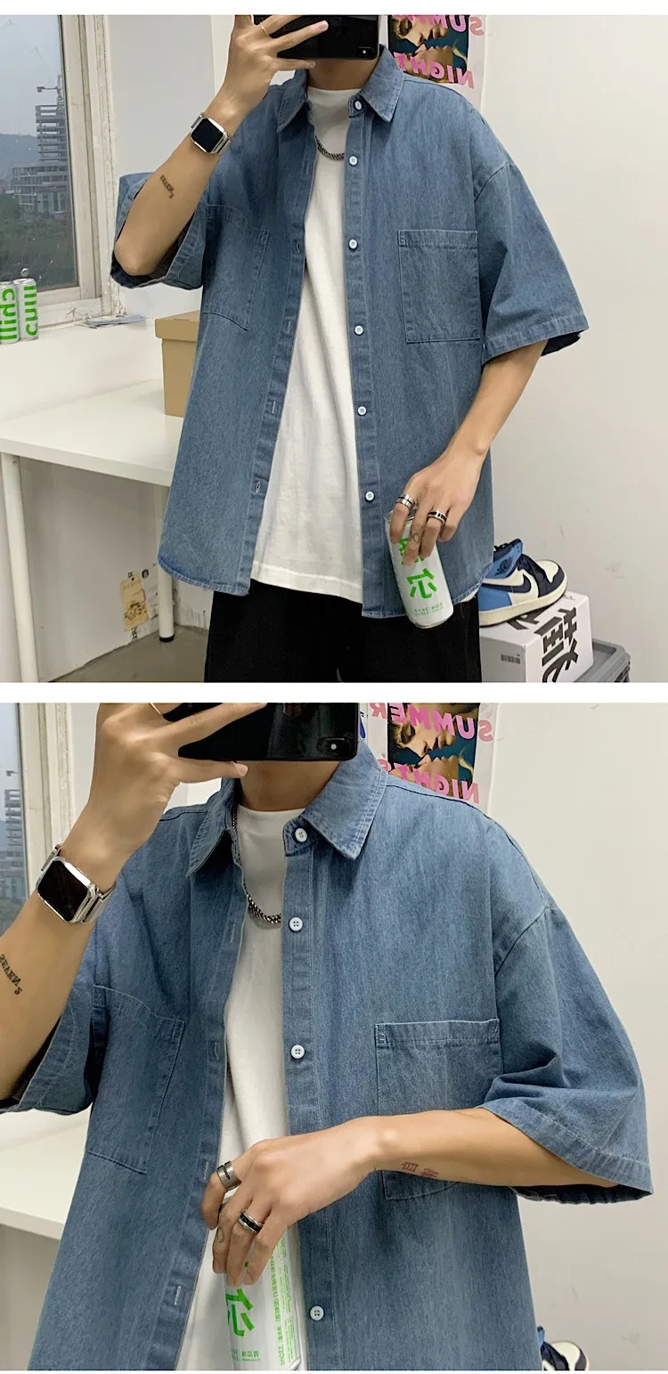 Young Cowboy Shirts Men Japanese Loose Retro Thin Plus Size Shirt Men Clothing Casual Denim Jacket Elegant Korean Style Blouse