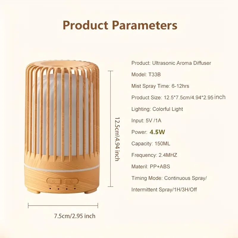 Wood Grain Ultrasonic Aroma Diffuser & Humidifier with Night Light, Auto Shut-Off, Quiet Operation for Home, Spa, Office, Yoga,