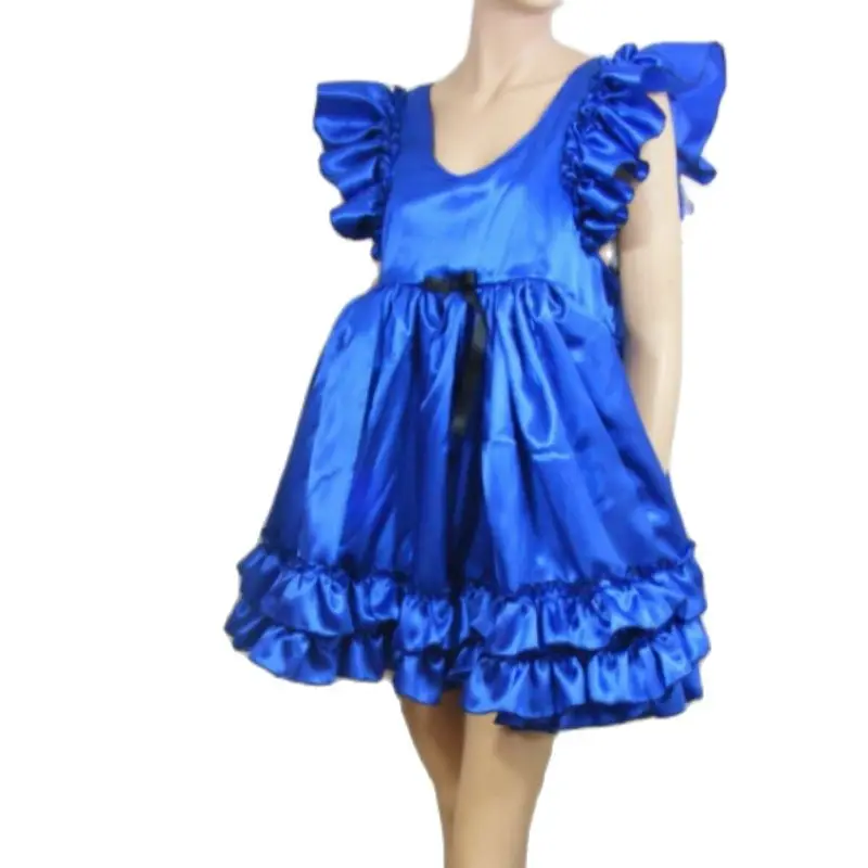 

Sissy Short Skirt with Bow Tie Blue Satin Bright Color Smooth and Sexy Wide Shoulder Fluffy Cuffs Sleeveless Maid Role-play