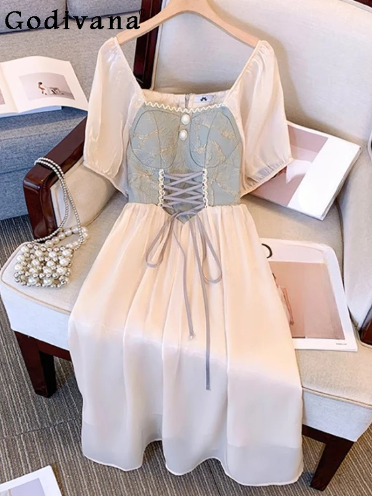 

Summer New Extra Large Size Women French Chic Lace-up Dress Sweet Slash Neck High Waist A-line Short Sleeve Princess Dresses