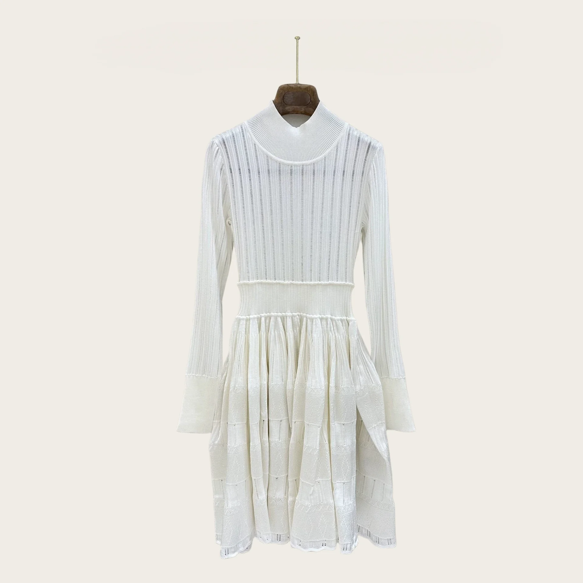 Mock Neck Knit Dress High Waist A‑Line Swing Midi Dress