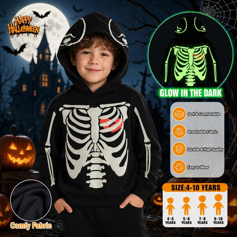 Little Hand Kids Glow In The Dark Skeleton Hoodie Toddler Boys Girls Halloween Skull Bone Long Sleeve Hooded Sweatshirt 4-10Year