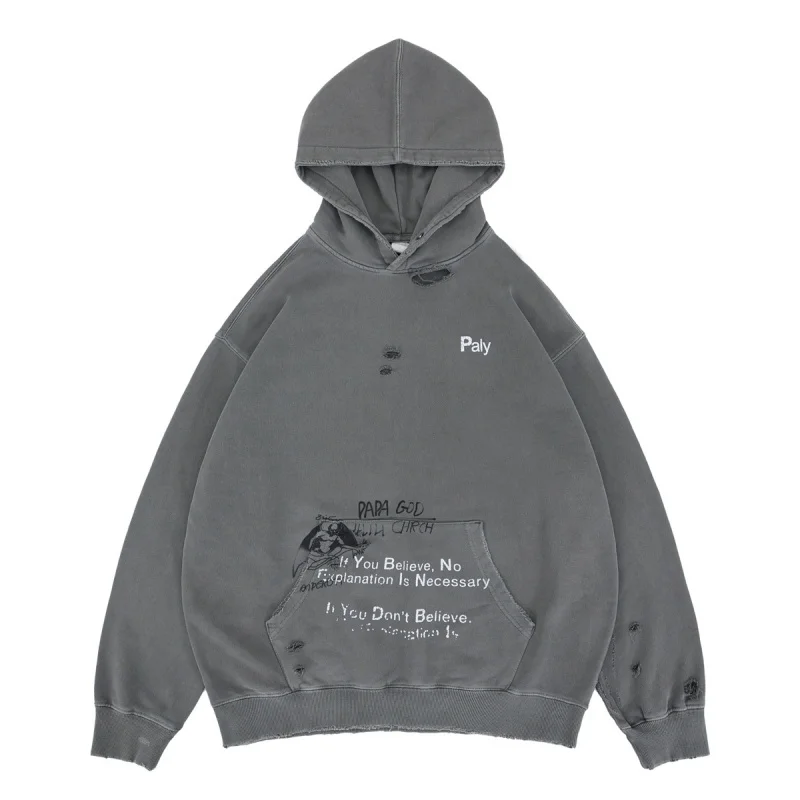 Vintage Distressed Hoodie Men Streetwear Fashion Oversized Pullover Casual Sweatshirt with Hole Design