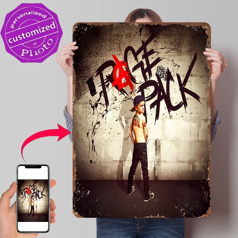 Boy With Tattoos and Anarchy Symbol 3D Printed Texture Poster Personalized Wall Art Retro Metal Tin Signs for Coffee Bar Decor