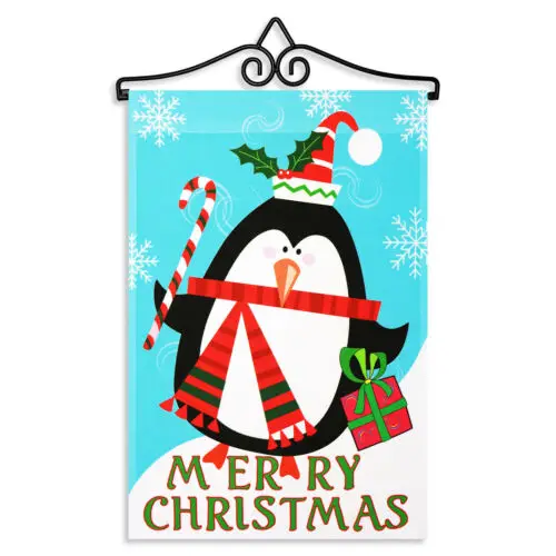 Garden Flag Merry Christmas Penguin with Candy Cane 12x18IN &Hanger Printed Poly