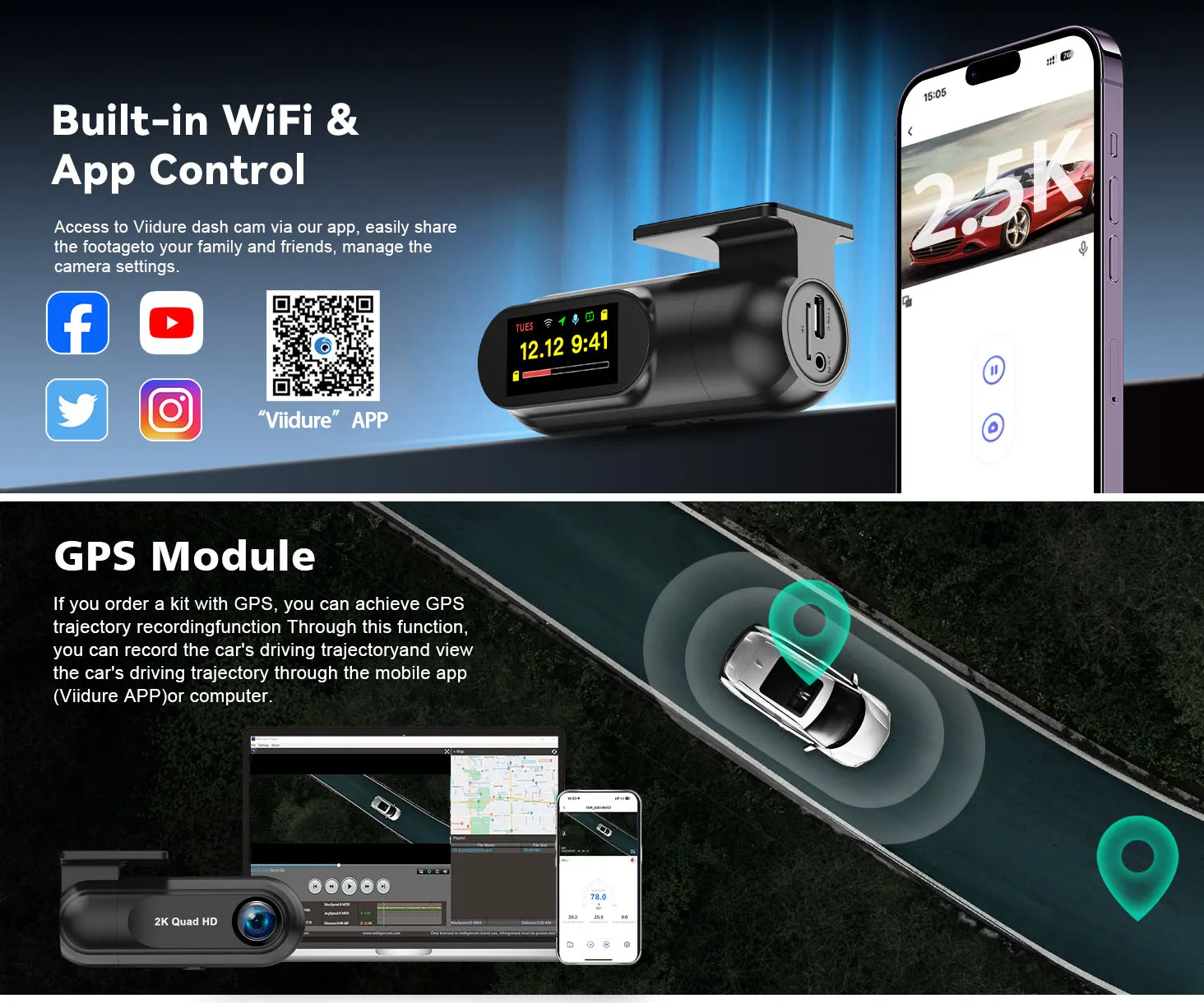 Mini 2K Dash Cam WiFi Car DVR Camera Dashcam Support GPS Loop Recording Night Vision G-Sensor Parking Monitor Driving Recorder