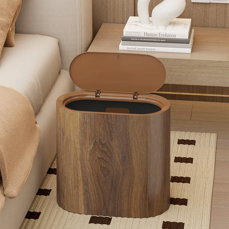 French Retro Faux Wood Grain Trash Can Modern Large Capacity Waste Bin For Living Room Kitchen Bathroom Home Garden Wastebasket