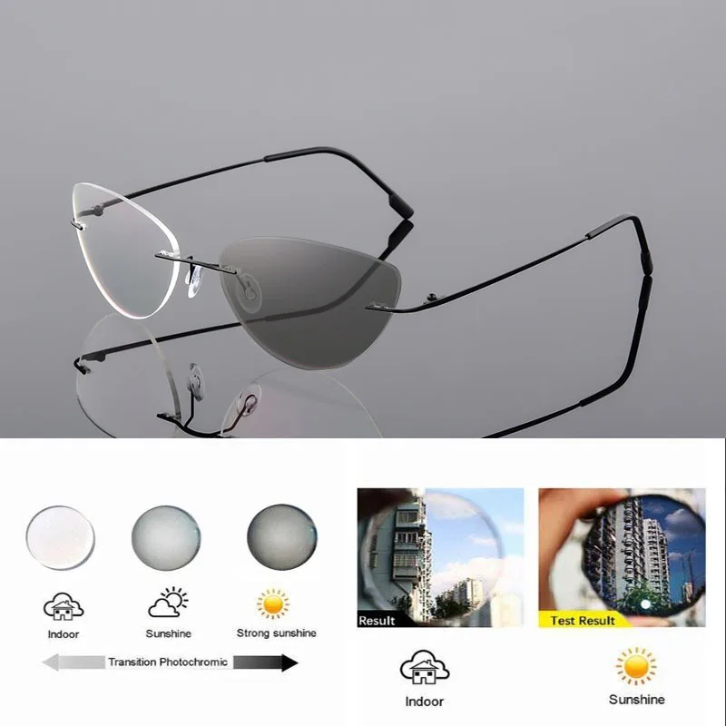 Randlose Memory Titan Legierung Photochrome Lesebrille Frauen Cat Eye Rezept Presbyopie Brillen Klare Verfärben Gläser – Detail 5