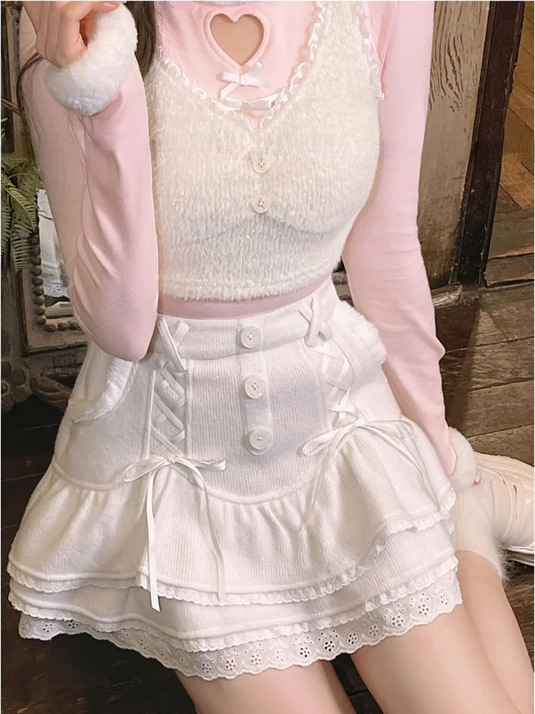 Winter Pink Kawaii Lolita Vest Women 2022 Lace Japanese Casual Sweet Cute Tanks Bow Warm Princess Camisole Korean Style Clothing