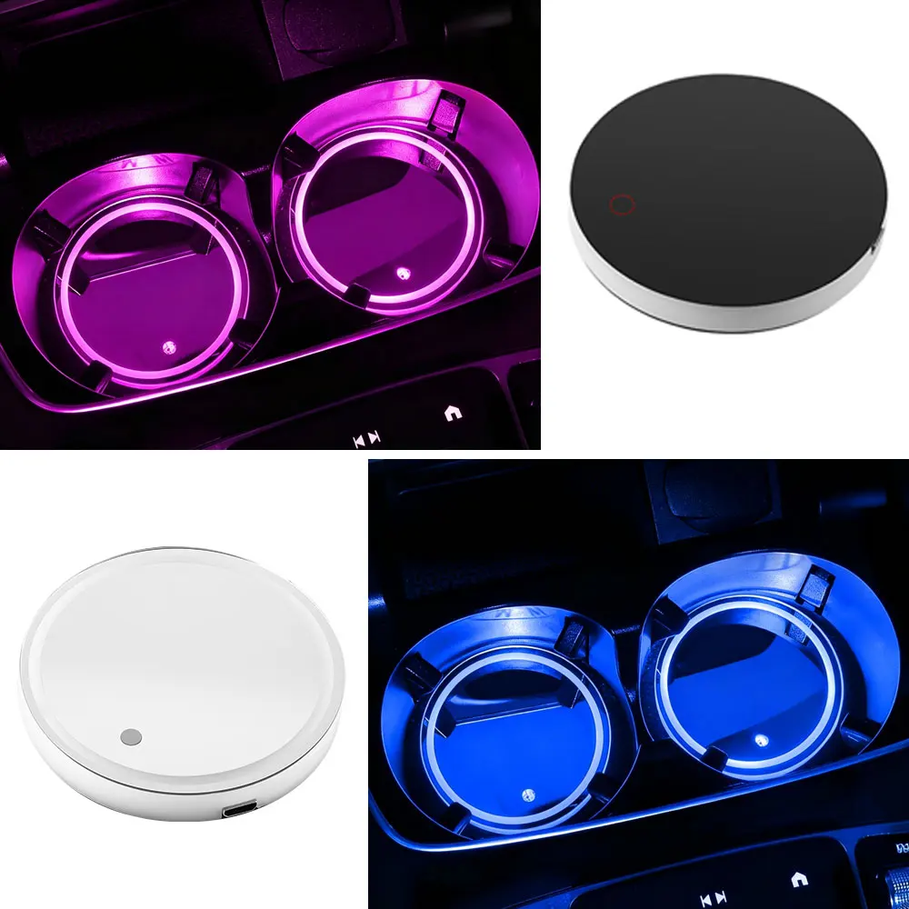 2Pcs 7Colors LED Luminous Car Coaster Pad Lighting & Glowing Colorful Auto Water Cup Holder Pads Car USB Charging Anti-slip Mat