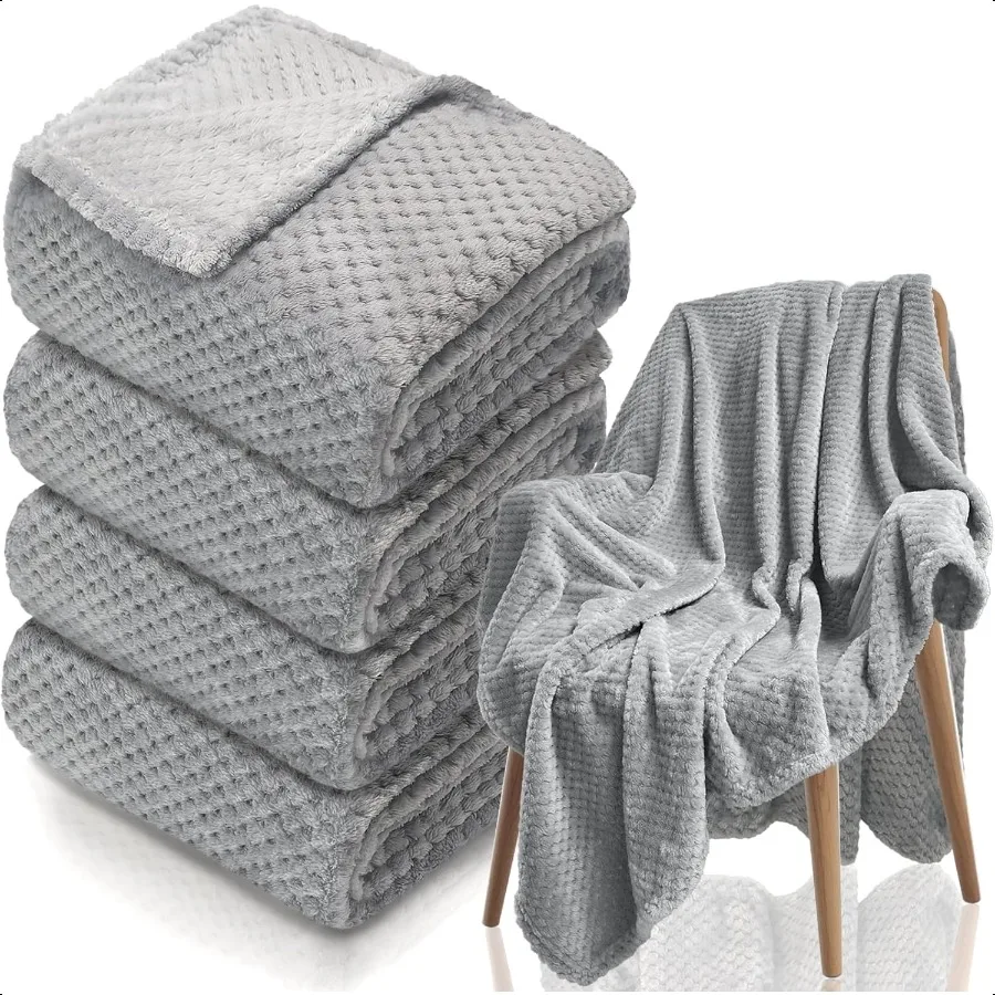 

4 упаковки флисовых одеял 50x60 дюймов 270 GSM ультрамягкая плюшевая фланель для кровати, дивана, легкая теплая 3D вафельная текстура