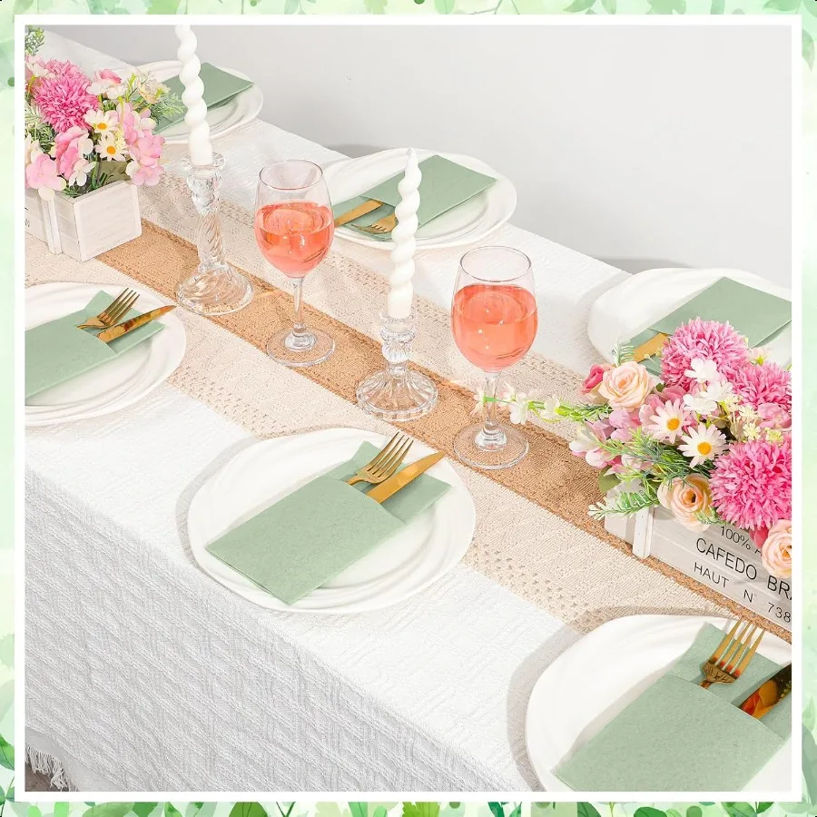 60 قطعة مناديل ورقية من الكتان الأخضر المريمية مع أدوات مائدة مدمجة وجيب مناديل كتان قماش مطوية مسبقًا مثل المناديل الورقية