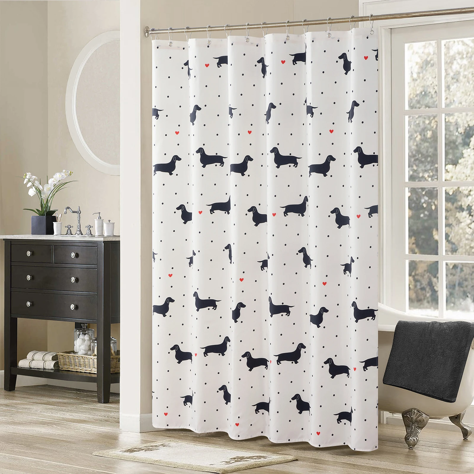 

Hannah Kids Cute Dogs Polyester Waterproof Printed Fabric Cream Decoratived Black Lovely Animal Shower Curtain