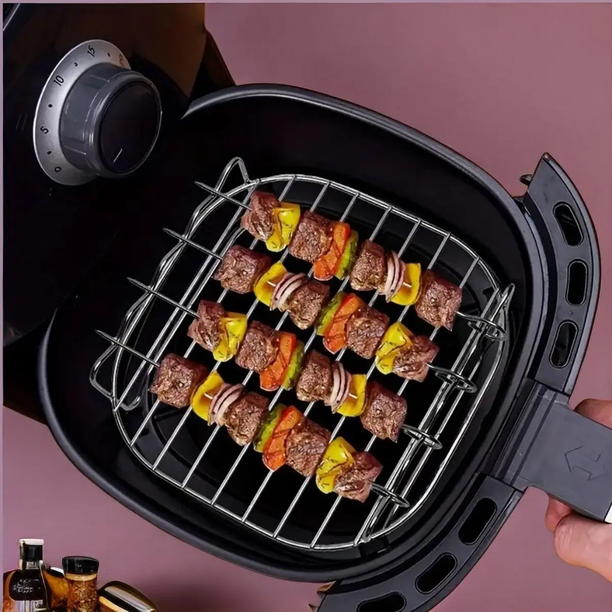 【Hot sales】1set 430 Stainless Steel Air Fryer Rack With 4 Roast Meat Picks Grill Air Fryer Accessories Cooking Rack Kitchen