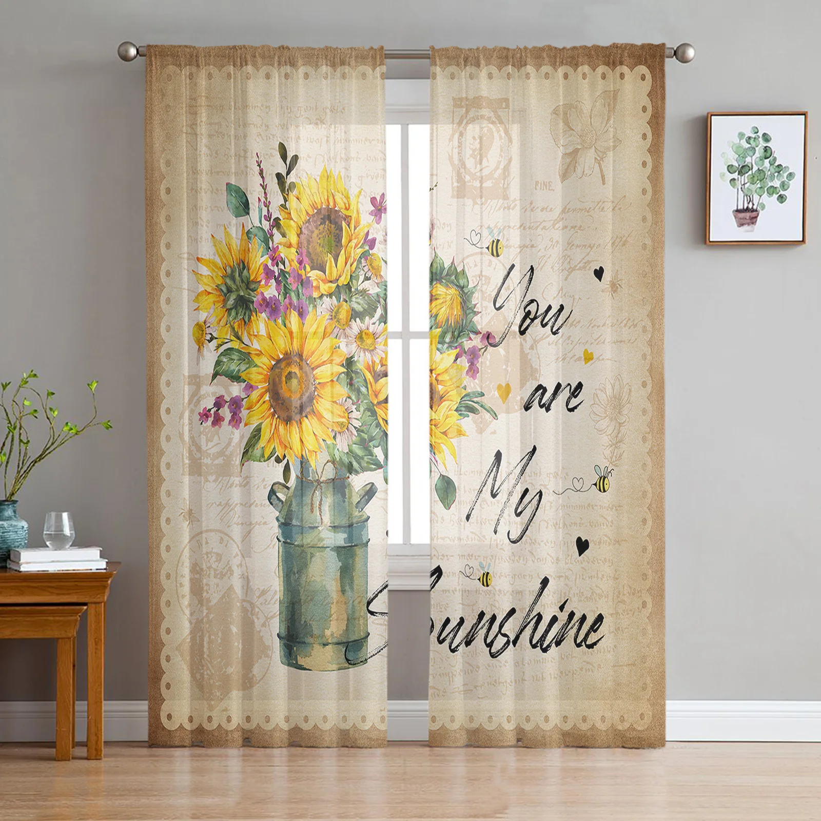 

Letter Stamp Sunflower Bee Chiffon Sheer Curtains For Living Room Bedroom Kitchen Decoration Window Voiles Organza Tulle Curtain