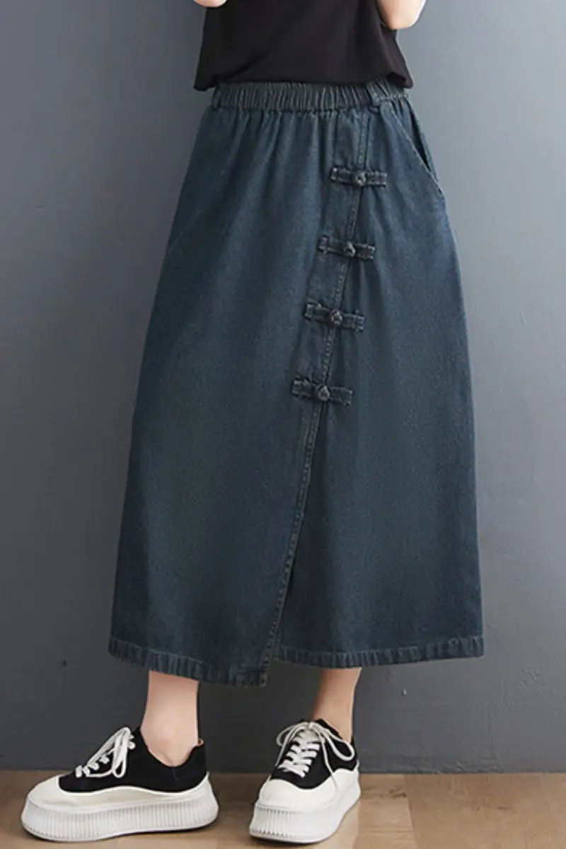 Retro Buttoned Denim Skirt Women\'s Elastic Waist Irregular A-Line Spring Summer Loose Jeans Saias h863