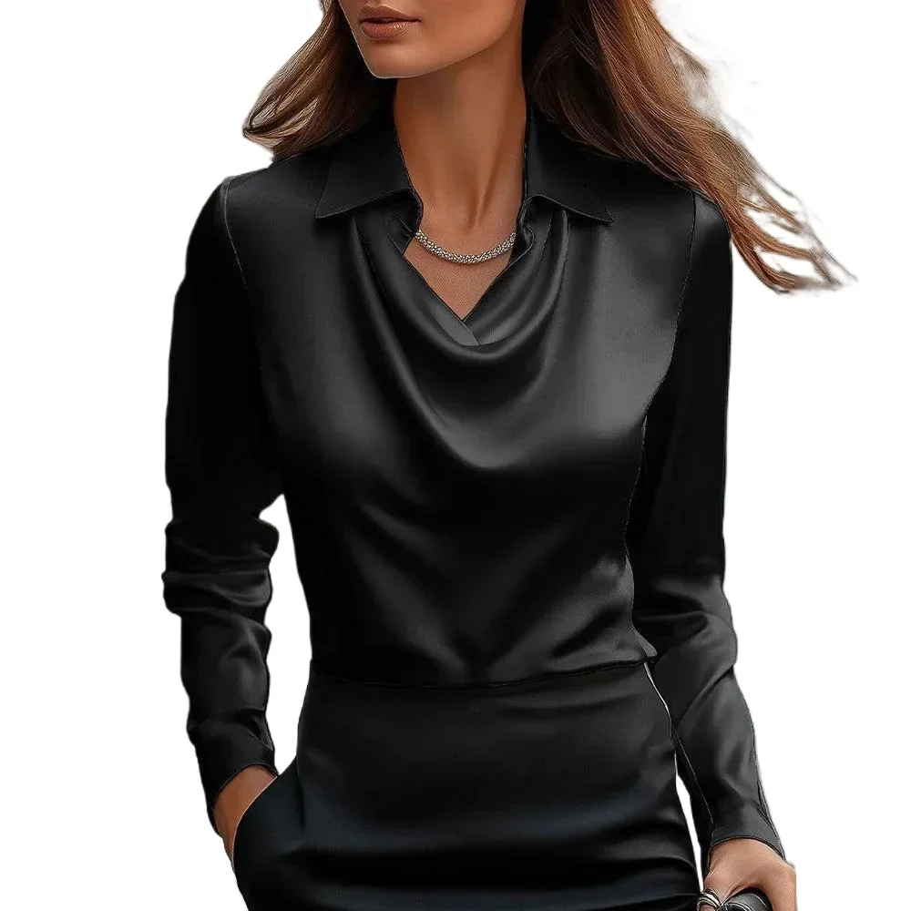 بلوزة قميص نسائية أنيقة بلون سادة وبسيطة وطية صدر السترة، قميص نسائي كاجوال بأكمام طويلة للتنقل