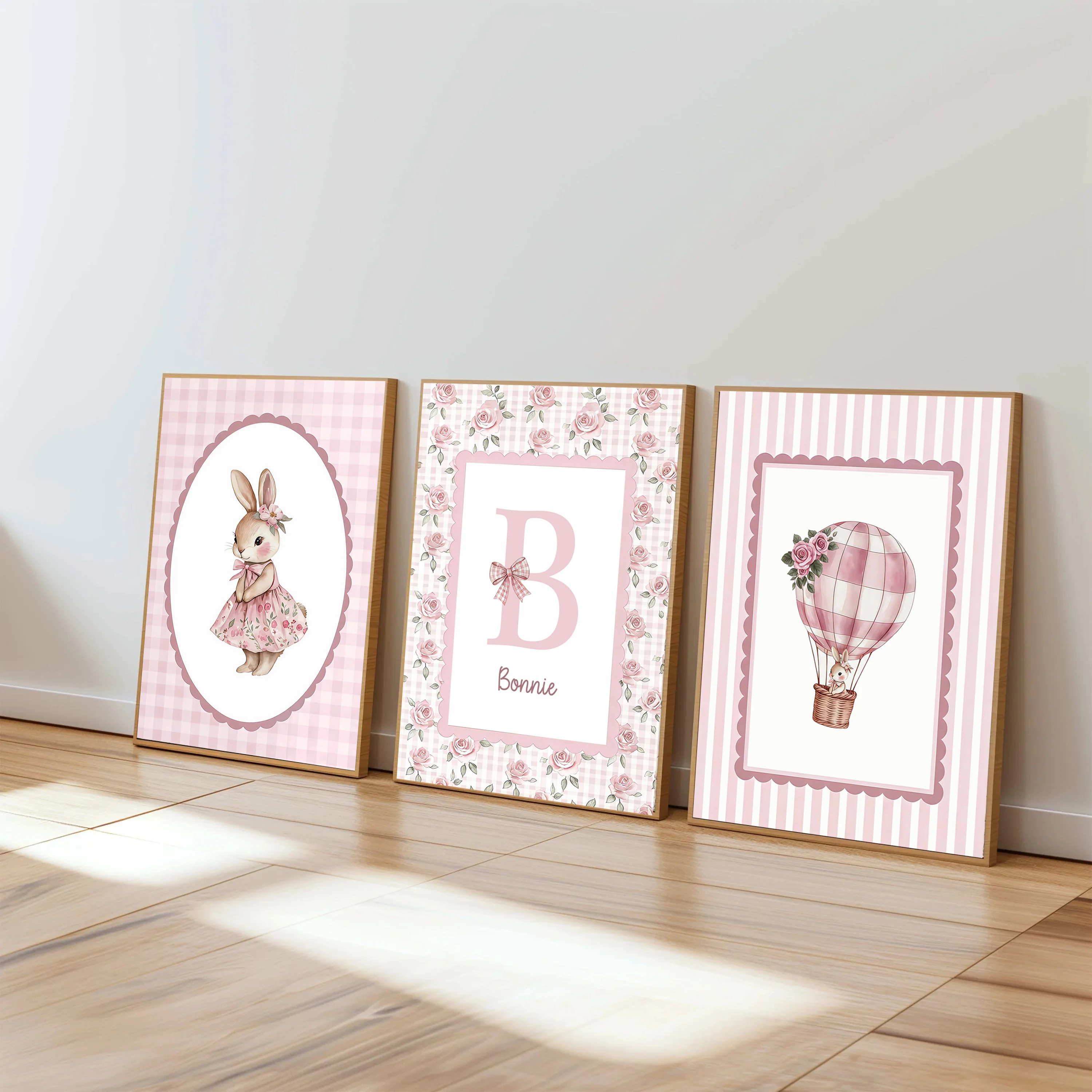 3pcs/set Custom Cartoon Rabbit Name Canvas Print Easter Pink Flower Nursery Wall Art Poster for Baby Girl Room Home Decor