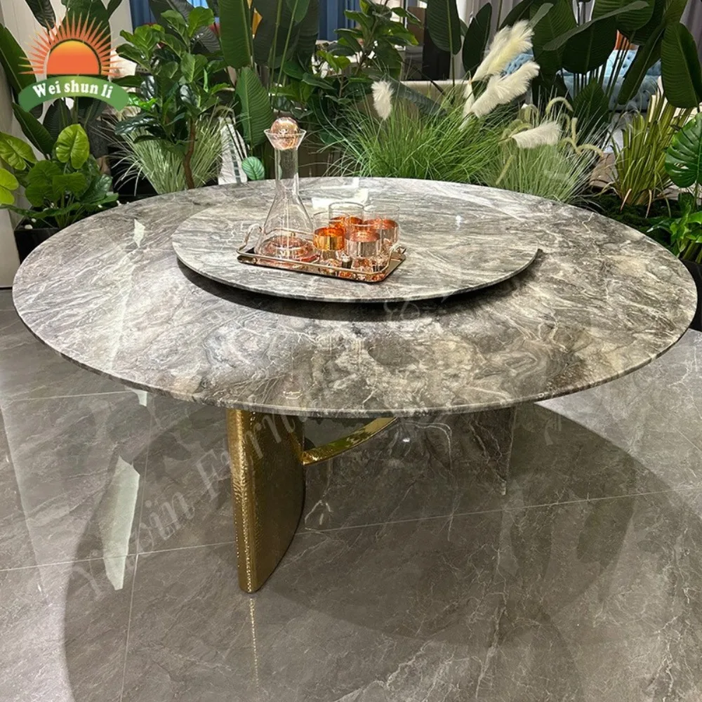 Home Furniture Dining Room Set Round Dinning Table  Modern Restaurant Golden Steel Base Luxury Marble Table and 6 Chair