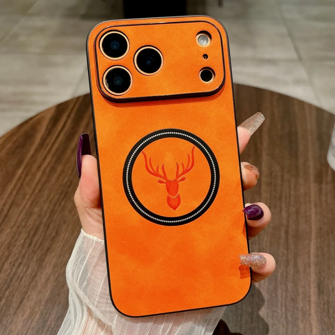 Luxus PU Leder Deer Muster Telefon Fall Für iPhone 17 Air 16E 15 14 Plus 13 12 11 17 Pro max Für Magsafe Drahtlose Lade Abdeckung
